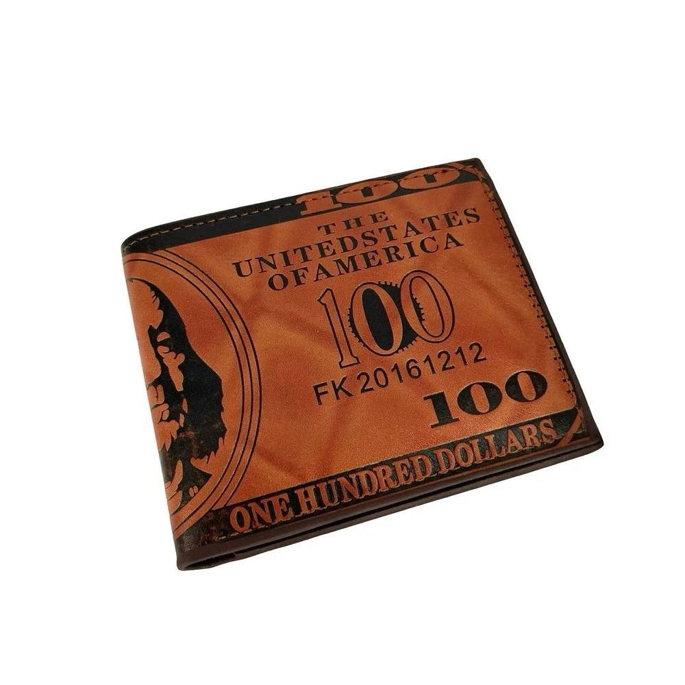 Men's Brown Bifold Wallet Stitched Novelty USA $100 Bill Money Print